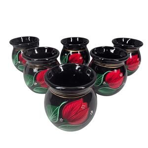 SET OF 6 BLACK CERAMIC MUGS HAND PAINTED FLORAL VINTAGE POTTERY UNIQUE